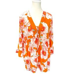 C&C California Orange Pink Floral V-Neck Tunic Blouse Elbow Length Sleeve Medium